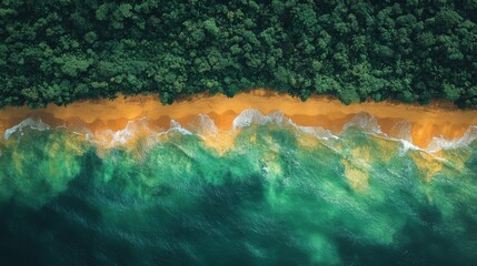 Aufkleber - Detailed satellite view reveals a stunning juxtaposition of lush green forests meeting sandy shores and azure ocean waves at a tropical coastline.