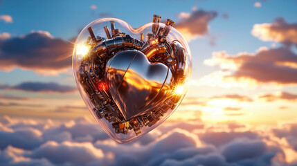 Poster - titanium heart encased in crystal clear sphere floats among clouds, reflecting sunlight and creating mesmerizing visual. scene evokes feelings of wonder and innovation