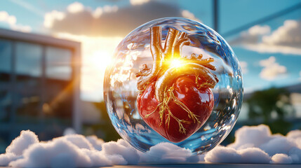 Poster - titanium heart encased in crystal clear sphere, glowing with sunlight, surrounded by soft clouds. This captivating image evokes feelings of wonder and beauty