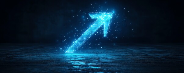 Poster - Abstract blue arrow glowing with illuminated lines and grid on a dark blue background, representing technological progress and the future of innovation