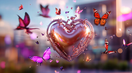 Aufkleber - whimsical scene of floating heart surrounded by colorful butterflies, creating magical atmosphere filled with joy and wonder