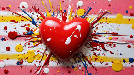 Poster - vibrant abstract painting featuring red heart surrounded by colorful splashes of paint, evoking feelings of love and creativity