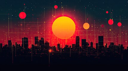 Poster - Futuristic city sunrise, digital network, glowing sunset, urban landscape, tech background