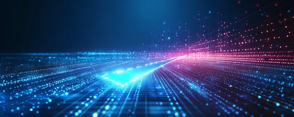 Poster - Abstract glowing blue arrow with neon lighting effects and a grid pattern on a deep blue background, symbolizing hightech concepts and digital evolution
