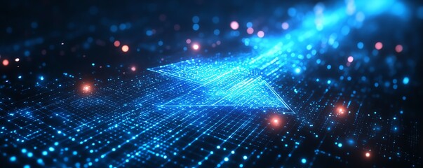Poster - Abstract glowing blue arrow with neon lighting effects and a grid pattern on a deep blue background, symbolizing hightech concepts and digital evolution
