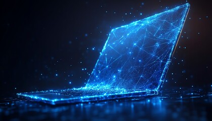 Poster - Abstract hightech background with a low poly design laptop glowing in blue, set against a dark backdrop, representing modern technology and digital progress