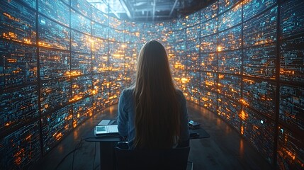 Woman Monitors Data Wall in Control Room
