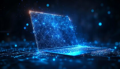 Poster - Abstract hightech background with a low poly design laptop glowing in blue, set against a dark backdrop, representing modern technology and digital progress