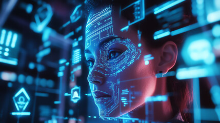 Futuristic portrait with digital interface overlay.
