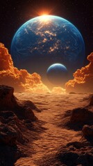 Wall Mural - a stunning planetary view of a large blue planet surrounded by stars in a vast cosmic sky with hyper