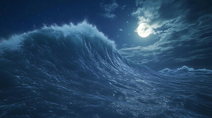 Poster - Majestic ocean wave illuminated by moonlight against a dark, cloudy sky.