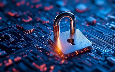 Poster - Metallic padlock on a surface, representing the security of medical data and privacy in healthcare, set against a digital technology background