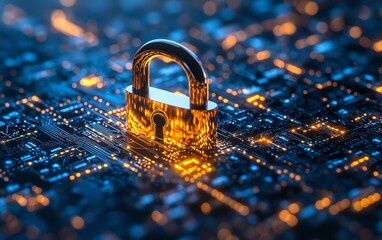 Poster - Metallic padlock on a surface, representing the security of medical data and privacy in healthcare, set against a digital technology background