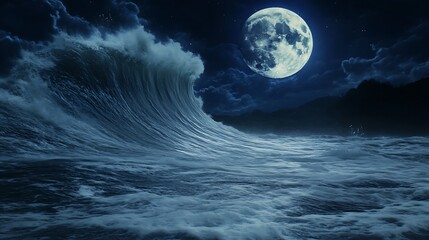 Poster - Majestic ocean waves under a bright full moon at night.