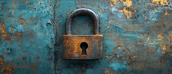 Poster - Data security and privacy in healthcare represented by a metallic padlock on a surface, with a digital background emphasizing digital protection