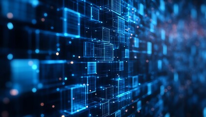 Poster - Futuristic digital grid with a hightech blue color scheme, alternating bright and dark squares, symbolizing advanced technology and digital innovation