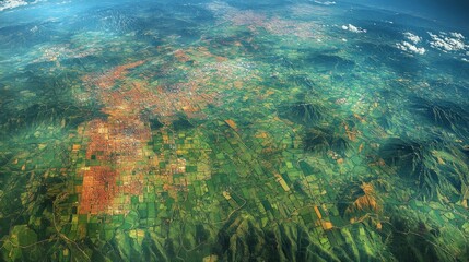Aufkleber - Comprehensive monitoring of a diverse terrain showcases the contrast between urban centers and agricultural areas. This view highlights geospatial features and land usage patterns.