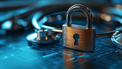 Poster - Healthcare data security symbolized by a metallic padlock displayed on a surface, highlighting the importance of privacy and digital protection