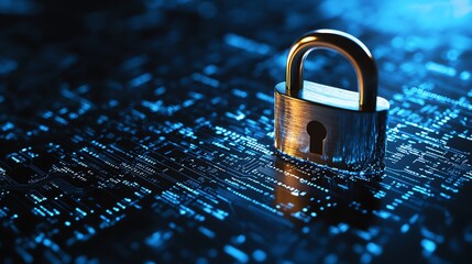 Poster - Healthcare data security concept with a metallic padlock displayed on a surface, emphasizing privacy protection against a digital background