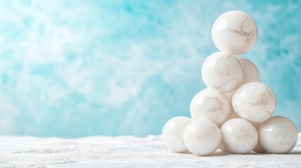 Poster - A visually captivating arrangement of glossy white marble balls stacked in a pyramid, creating a striking contrast against a soft-focus pastel background for artistic appeal.