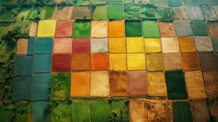 Aufkleber - Satellite imagery reveals a colorful tapestry of agricultural plots, showcasing varied crops across a landscape. This data aids in environmental monitoring and analysis.