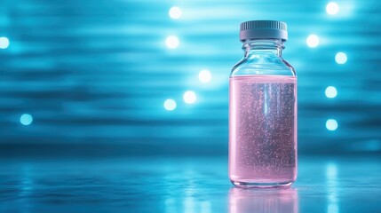 Poster - This image features a clear glass bottle filled with a brilliant pink liquid, showcasing sparkling elements, and a mesmerizing blue light backdrop that enhances its visual appeal.