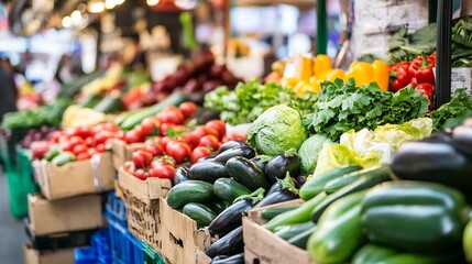 Poster - Vibrant farmers market display featuring fresh organic vegetables and fruits : Generative AI