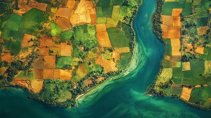 Aufkleber - High-altitude sensors monitor varied agricultural fields along a river in a tropical region, showcasing vibrant colors and patterns. This geospatial analysis aids in environmental understanding.