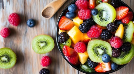 Poster - Vibrant Bowl of Fresh Mixed Fruits Including Raspberries Blueberries Strawberries and Kiwi on Wooden Table : Generative AI