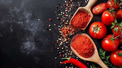 Poster - CloseUp of Vibrant Red Tomatoes and Spices on a Dark Surface for Culinary Backgrounds : Generative AI