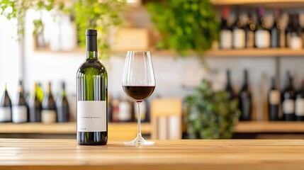 Aufkleber - Elegant wine bottle alongside a glass filled with red wine set against a blurred bar background : Generative AI