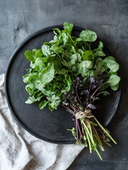 Poster - Fresh green leaf salad mix displayed on a rustic black plate for healthy lifestyle and wellness : Generative AI