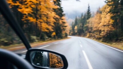 Poster - Scenic autumn drive down a winding road surrounded by vibrant orange and yellow trees : Generative AI