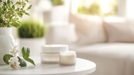 Aufkleber - Elegant skincare products with soft light and greenery in serene living space : Generative AI