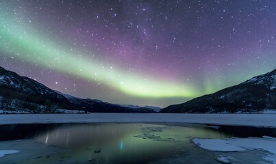 Aufkleber - Vibrant northern lights reflect over a serene, icy landscape under a starry sky.
