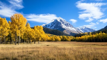 Poster - Stunning autumn landscape featuring golden trees against a backdrop of majestic mountains and a vibrant blue sky : Generative AI