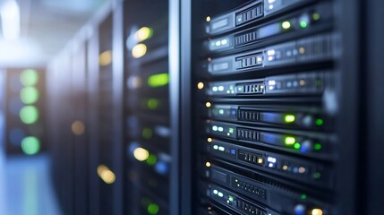 Fototapete - High tech data center with multiple server racks and glowing LEDs showcasing modern technology and infrastructure : Generative AI