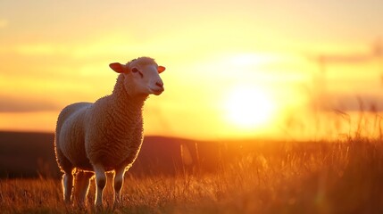 Poster - Majestic sheep standing in a beautiful grassy field during a stunning sunset with warm natural lighting : Generative AI