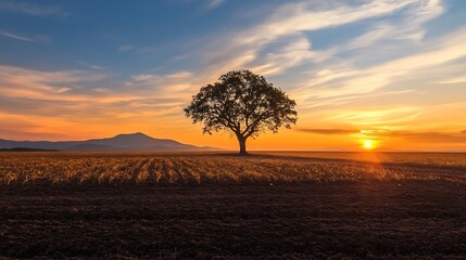 Aufkleber - Isolated Majestic Tree on Field Against a Beautiful Sunset Landscape : Generative AI
