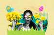 © deagreez - Photo collage poster young woman easter painted eggs instead eyes environment flowers yellow daisy holiday springtime drawing background