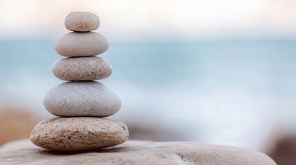 Leinwandbilder - Calm and Serene Stacked Pebbles Against a Soft Ocean Background : Generative AI
