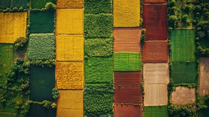 Aufkleber - Aerial perspective reveals a patchwork of agricultural fields exhibiting a variety of colors and crop types. The landscape reflects sustainable farming practices and biodiversity in rural areas.
