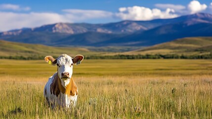 Poster - Cute brown and white cow standing in a vast green field with mountains in the background : Generative AI