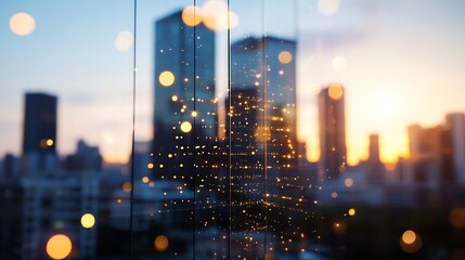 Poster - Glowing city skyline seen through glass panes with bright bokeh light effects during sunset : Generative AI