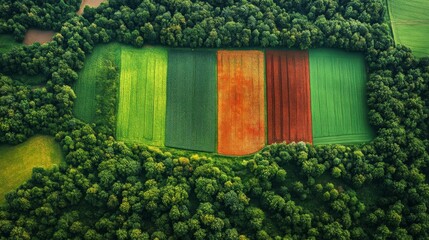 Aufkleber - This aerial view highlights a vibrant patchwork of agricultural fields, showcasing green, orange, and red crops set against a backdrop of dense forested land, revealing land use patterns.