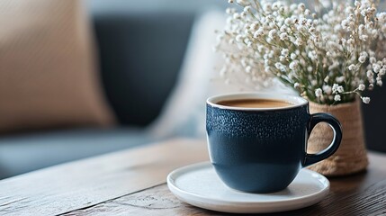 Poster - Hot cup of coffee served with soft flowers in cozy modern setting : Generative AI