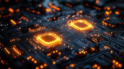 Poster - Circuit Board with Illuminated Chips, Close-up