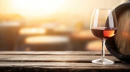 Poster - Elegant Glass of Red Wine Next to a Rustic Wooden Barrel and Warm Background Light : Generative AI