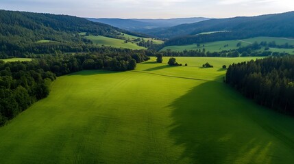 Poster - Lush green fields and expansive farmland under blue skies with distant rolling hills : Generative AI