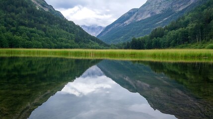 Poster - Majestic Mountain Reflections in a Calm Lake Surrounded by Lush Forest : Generative AI